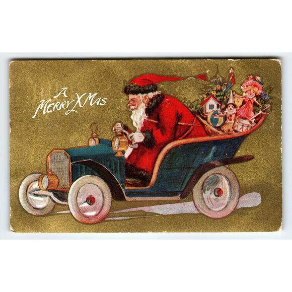 Vintage Santa Claus Christmas Postcard with Toy-Filled Auto Car - Holiday Theme - Picture 1 of 2